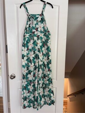 &merci Floral overalls in Teal and White with Pink Accents linen